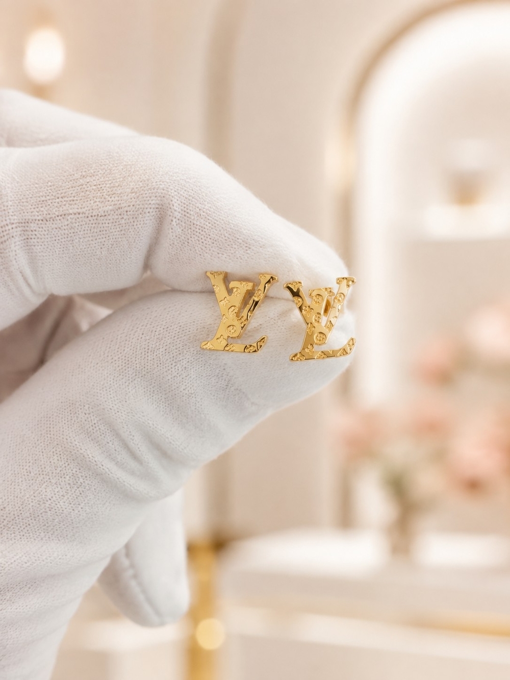 Gold LV Monogram Stud Earrings